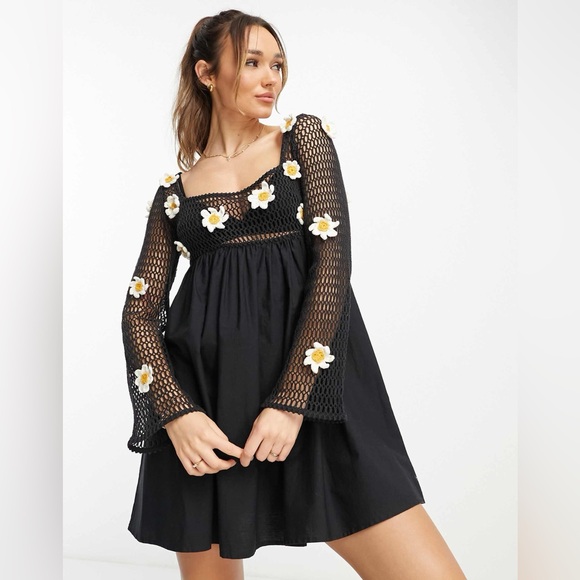ASOS Dresses & Skirts - NWT. ASOS Design 12 3D Daisy Crochet Smock Dress in Black.